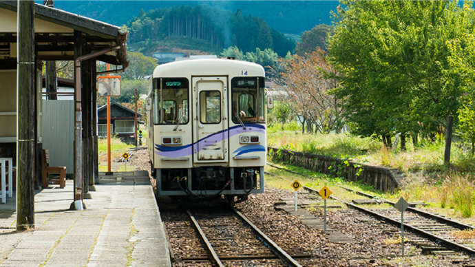 明知鉄道ののどかなホームと列車