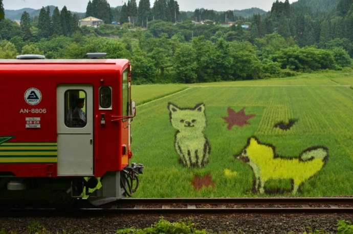 秋田犬を描いた田んぼアートと秋田内陸縦貫鉄道