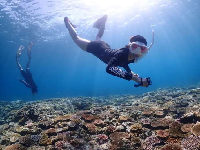 石垣島の明るい海でシュノーケリングを行う様子