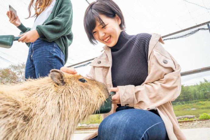 堺・緑のミュージアム ハーベストの丘でカピバラふれあい体験に参加し笑顔の女性