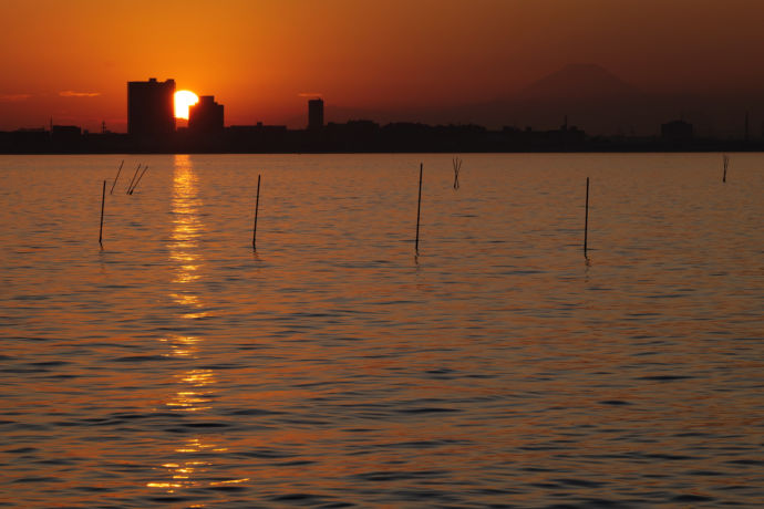 ふなばし三番瀬海浜公園から望む夕日と富士山