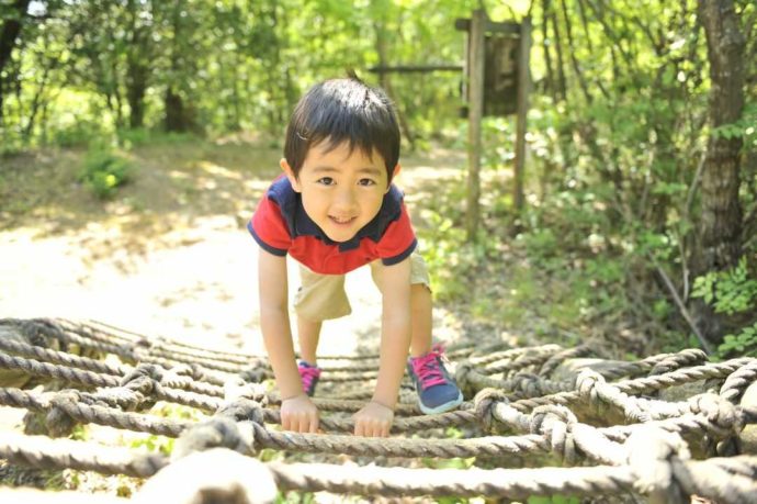 滋賀県米原市にあるキャンプ場・グリーンパーク山東のアスレチックを楽しむ人