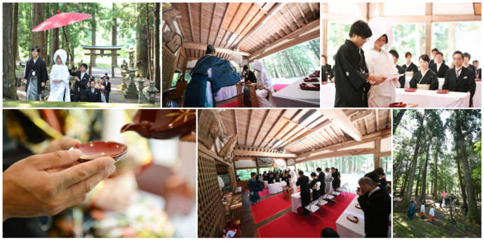 明建神社や森の中で和装の結婚式をしている様子