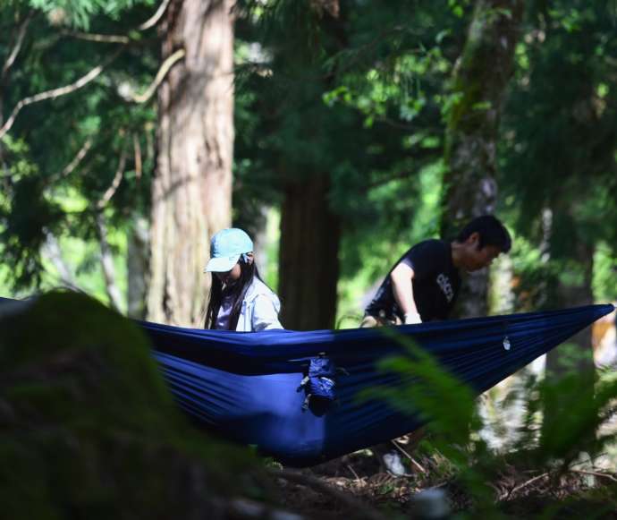 兵庫県美方郡にある「もののけの森 グリーンパークハチ北」でハンモックを設置した様子