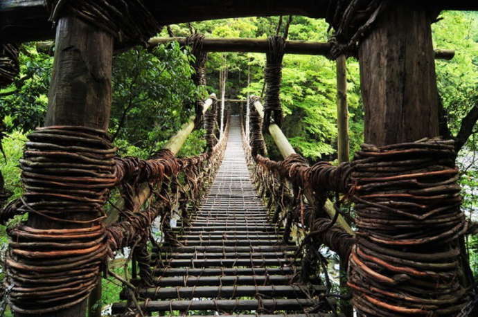 橋の端から祖谷のかずら橋を見た様子