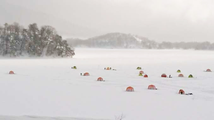 桧原西湖畔オートキャンプ場の氷上ワカサギ釣り