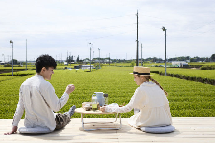 茶畑テラス茶の輪でお茶を楽しむカップル