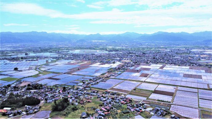 山形県河北町に広がる田園風景の空中写真