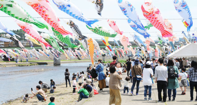 家族連れで賑わう加茂川鯉のぼり