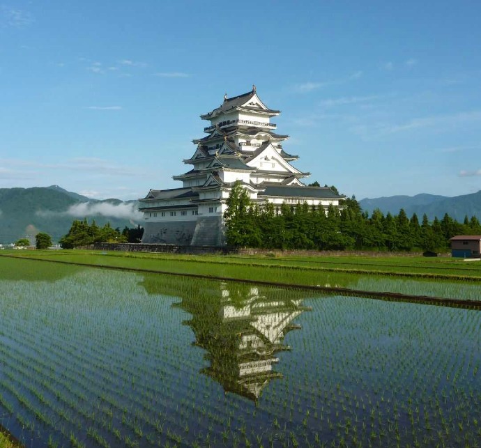 田んぼの中に建つ勝山城博物館