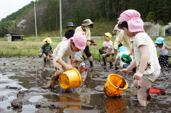 木曽町の田んぼで泥遊びをする園児たち