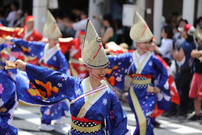 よさこい祭りの踊り子と観客