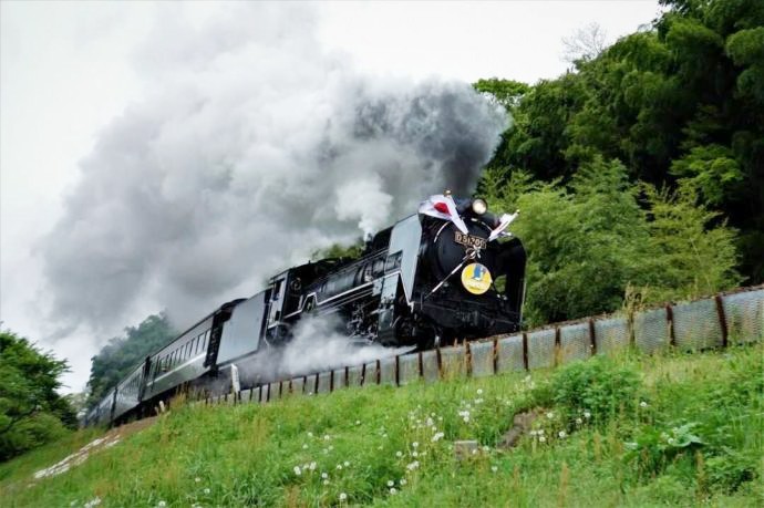 道の駅長門峡の近くを走るSLやまぐち号