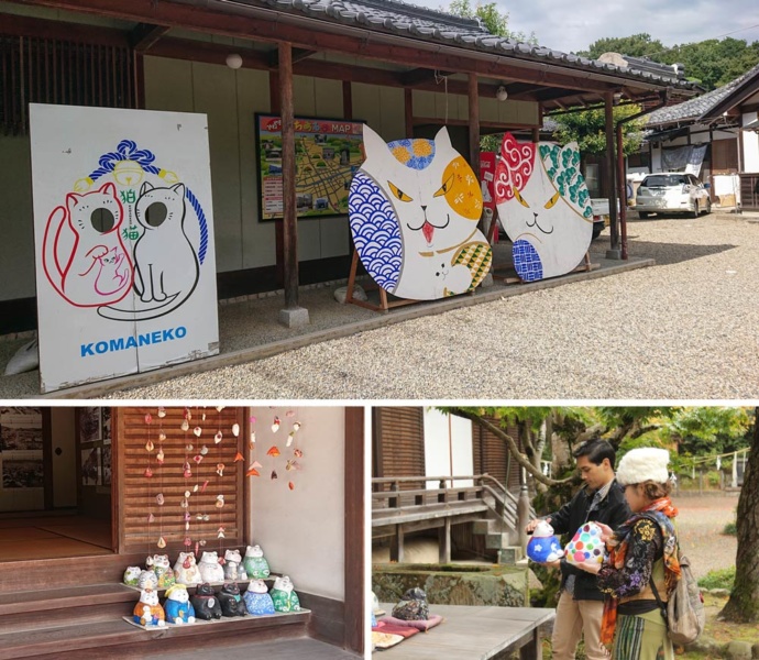 金刀比羅神社の狛猫フォトスポット（上段）狛猫の置き物（左下）、狛猫の置き物を手に取る2人（右下）