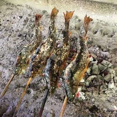 つり場で釣れた川魚を塩焼きにしている様子