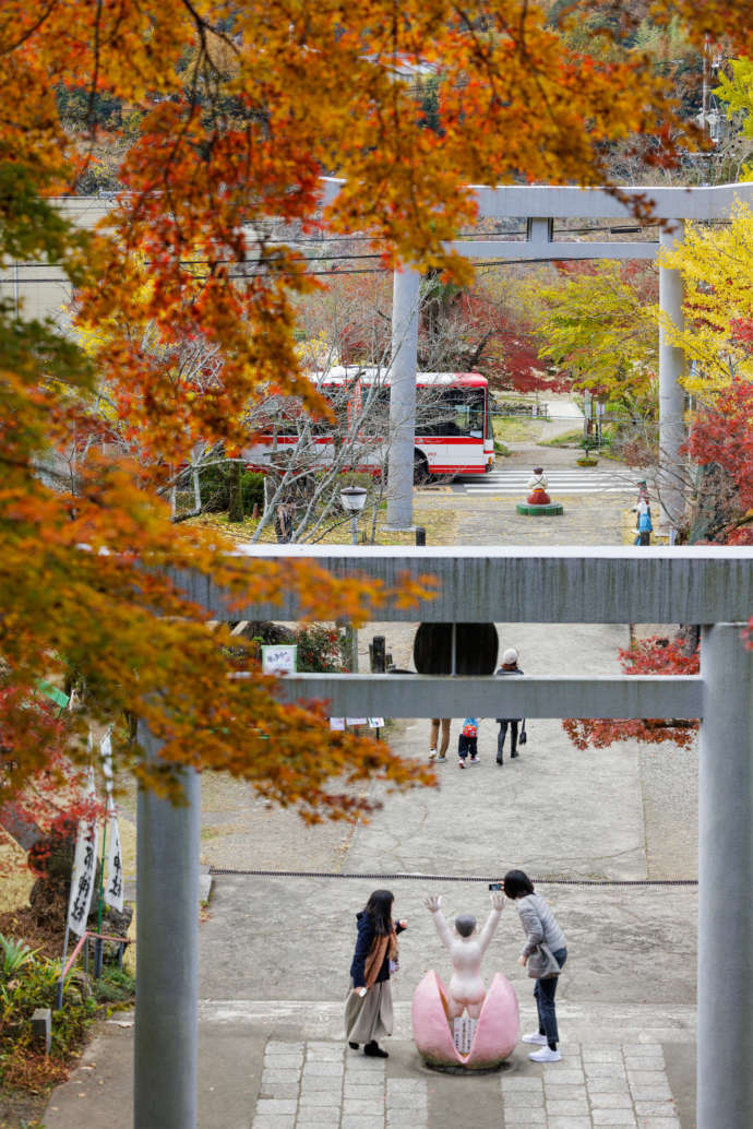 「桃太郎神社」の参道で写真を撮る参拝者