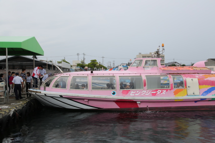 青海島観光汽船ピンクシータス乗船風景