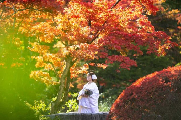 日光山輪王寺逍遥園で写真撮影をする花嫁さん