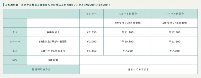 タピックタラソセンター宜野座の料金
