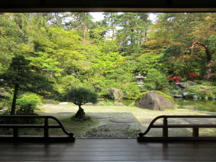 広間から春の庭園を眺めた様子