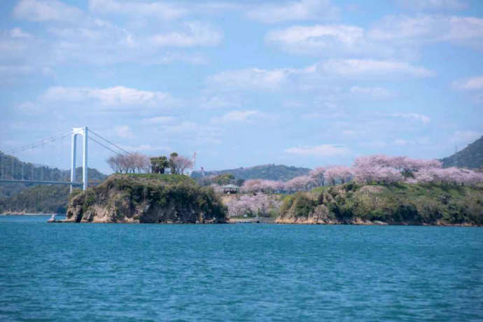 香川県高松市にある「瀬戸内アイランドクルーズ」の船から眺めた島と橋