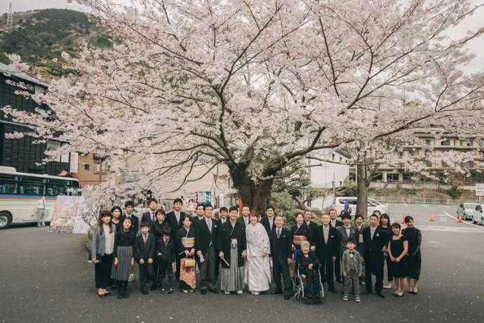 湘南プレミアムWeddingの結婚式で桜の木の下で集合写真を撮る