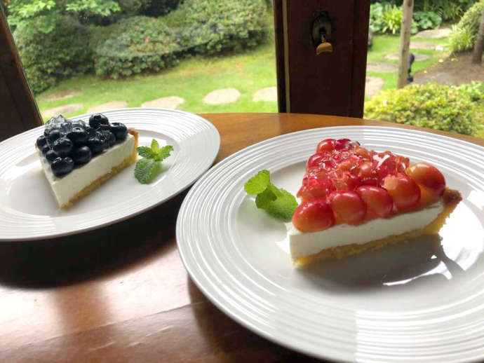 縁側カフェのブルーベリータルトとさくらんぼタルト