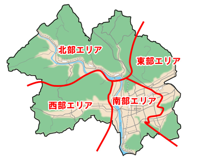 総社市の北部・東部・南部・西部のエリアマップ