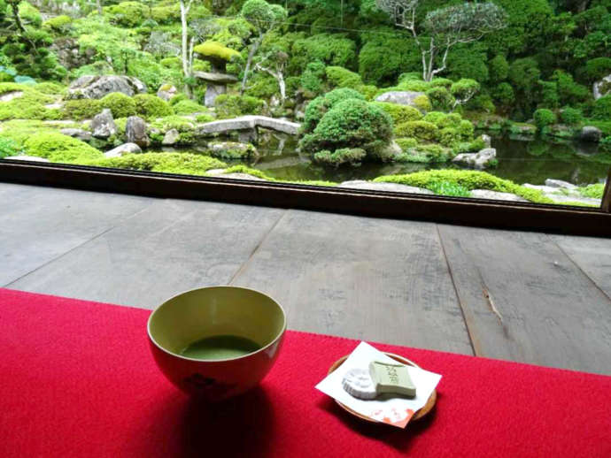 「當麻寺西南院」の書院で供されるお抹茶と干菓子