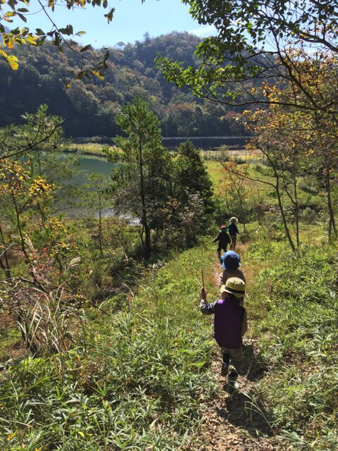 山の中を歩く子ども達の後ろ姿