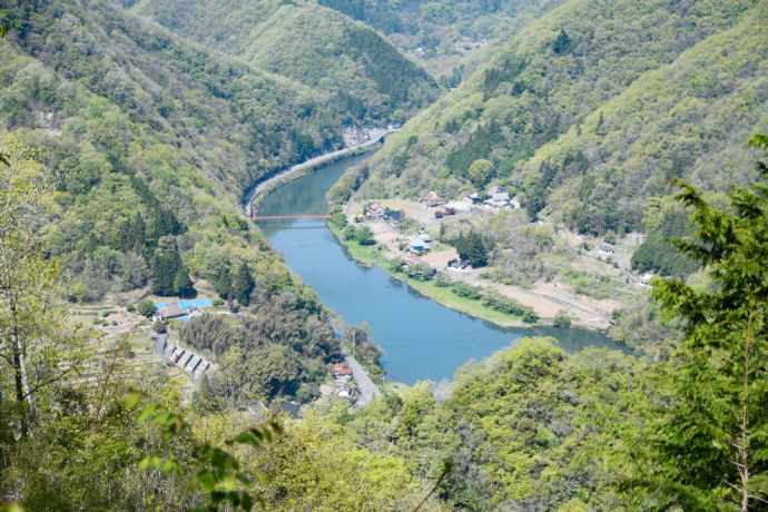 上空から撮影した高梁川と周辺の森林