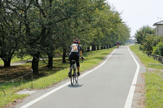 サイクリングロードを自転車で走る人