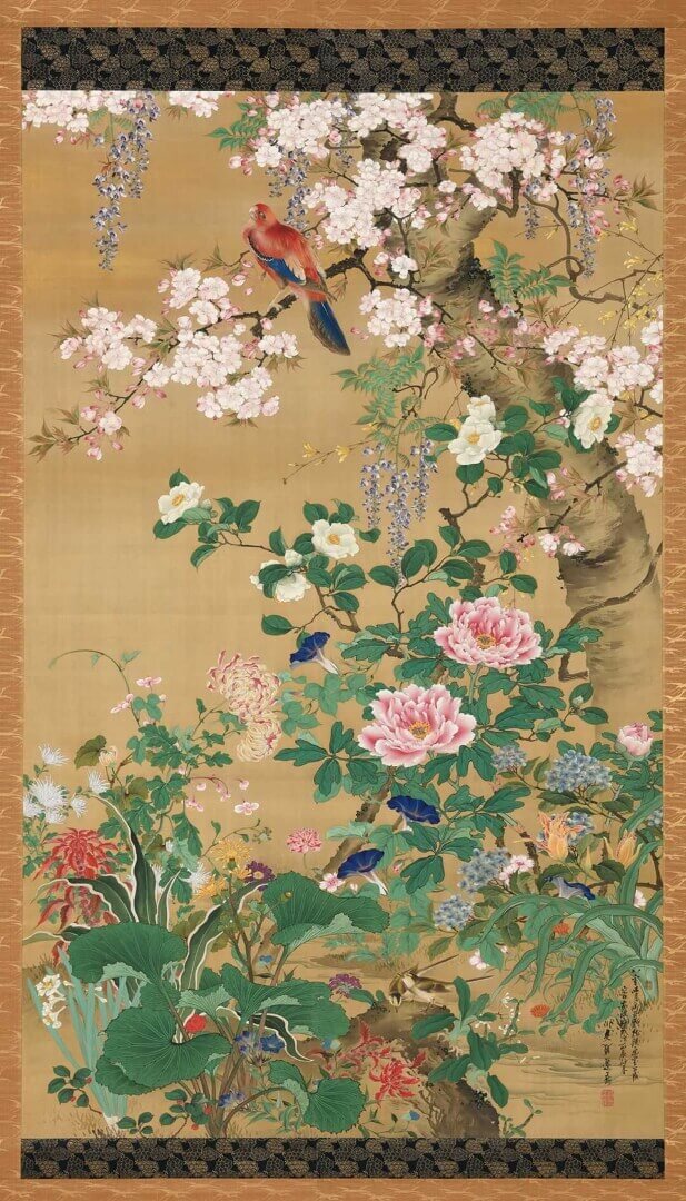 「手錢美術館」に収蔵・展示される江戸末期の花鳥画「百花群鳥図（堀江友聲）」