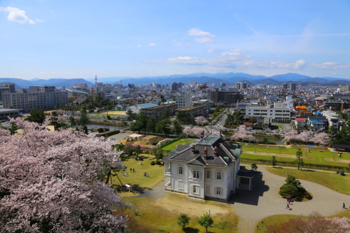 上空から見た仁風閣と市街地