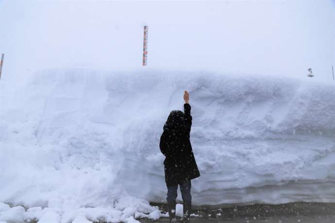 4メートル近い雪壁の前に立つ人