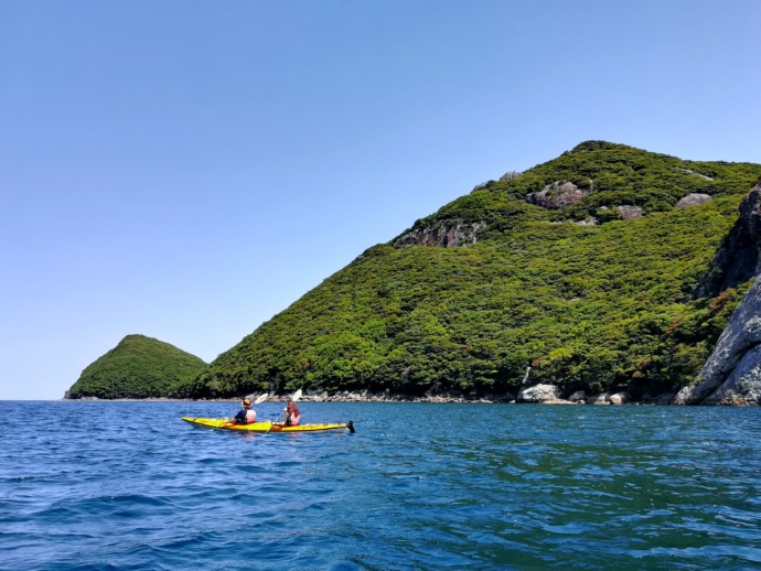 浅茅湾でシーカヤックを楽しむ人々