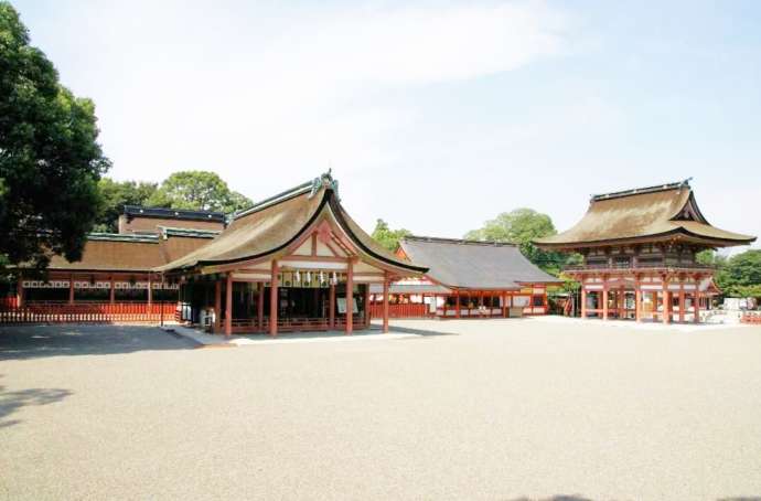 津島神社の拝殿、本殿、桜門が並ぶ様子を見たところ