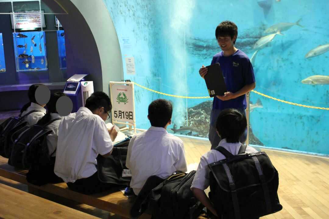 浜松市にある「浜名湖体験学習施設 ウォット」の水槽前で魚について解説するスタッフの大竹さん