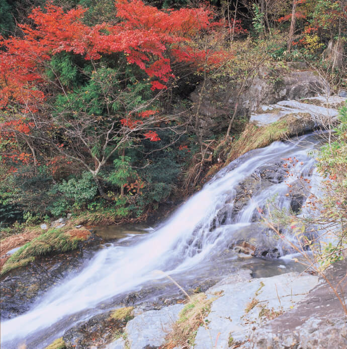 新庄村にある五段滝の紅葉シーズン風景