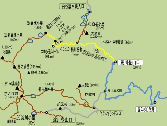 荒川登山口から縄文杉までの登山ルート