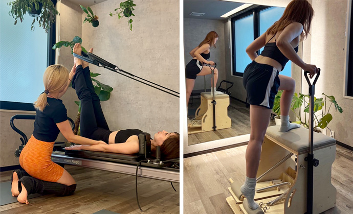 「YOGA STADIO STRI」でのパーソナルレッスンの様子（左）、マシンを使用したレッスンの様子（右）