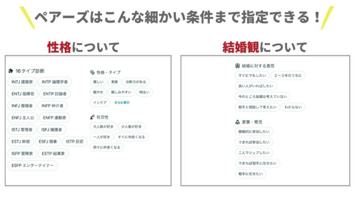 ペアーズでは性格や結婚観についても細かく指定して検索できる