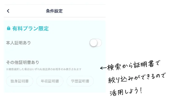 ブライダルネットの検索条件設定画面。有料プラン限定で、本人証明・独身証明書・年収証明書・学歴証明書で絞り込める