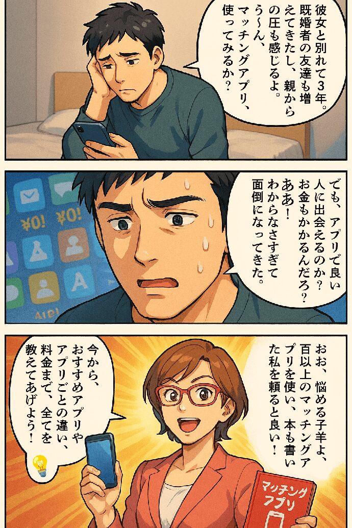 マッチングアプリに悩める男性とマッチングアプリに詳しい人が会話している漫画