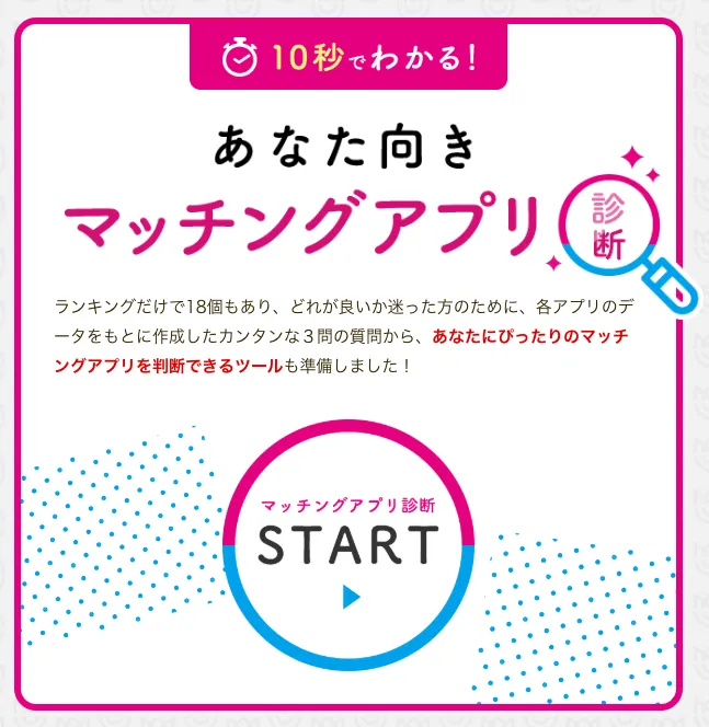 10秒でわかる！あなた向きマッチングアプリ診断｜3問で自分に合うアプリを判定