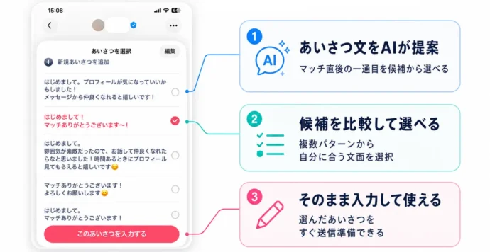 タップルのAIメッセージアシスト(初回メッセージ案の提案画面)