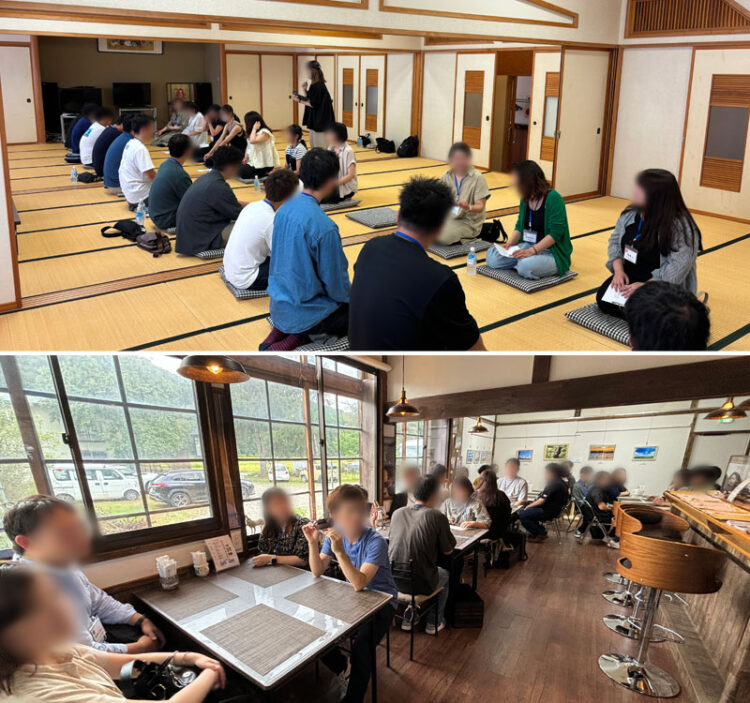 地酒×馬刺しの婚活ツアー in 会津坂下・自己紹介中の参加者（上）、カフェで談笑中の参加者（下）
