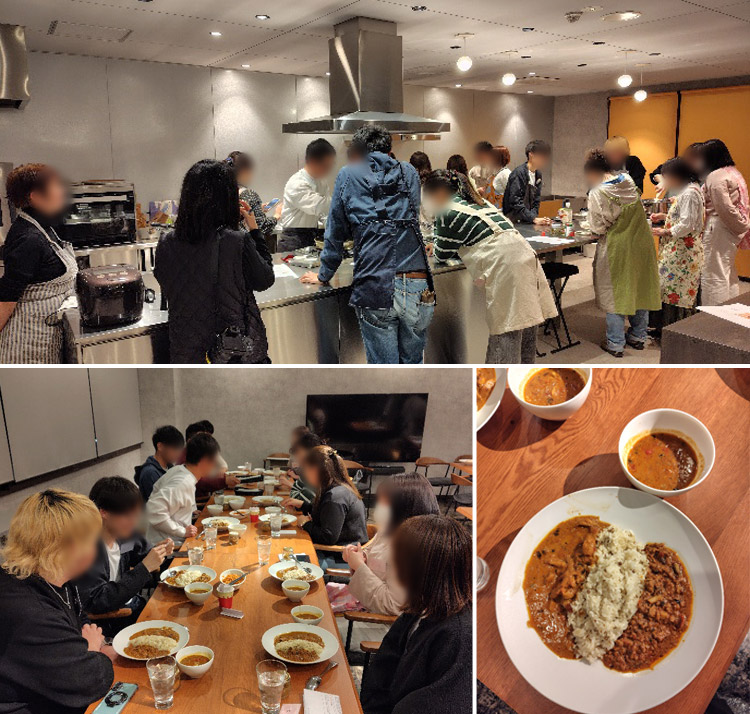 本格カレーを作る参加者たち（上）、カレーを食べながら談笑する参加者（下）