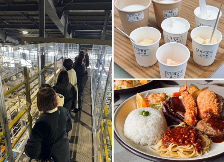 北海道帯広市の婚活イベントのようす（左）、ジャージー牛乳やオリゴヨーグルトなど試食用のさまざまな乳製品と川西農業ツアーで提供された地元特産品のランチ（右）