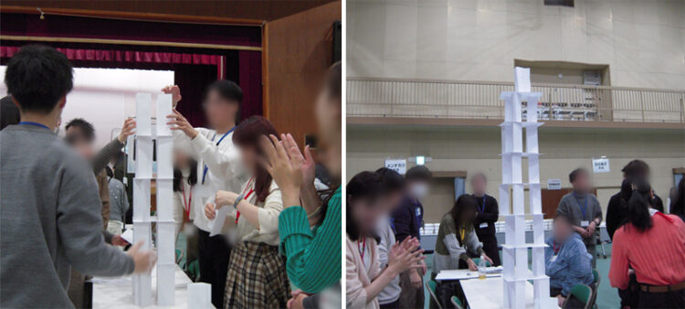 「那古野de婚活」イベントでペーパータワー競技に取り組む参加者たち